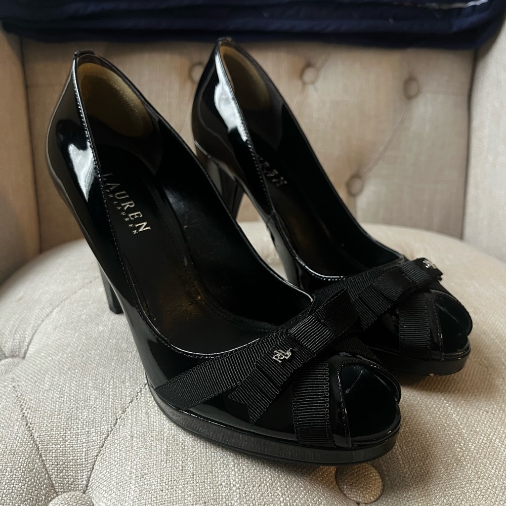 Ralph Lauren Black Patent Peep-Toe Heels